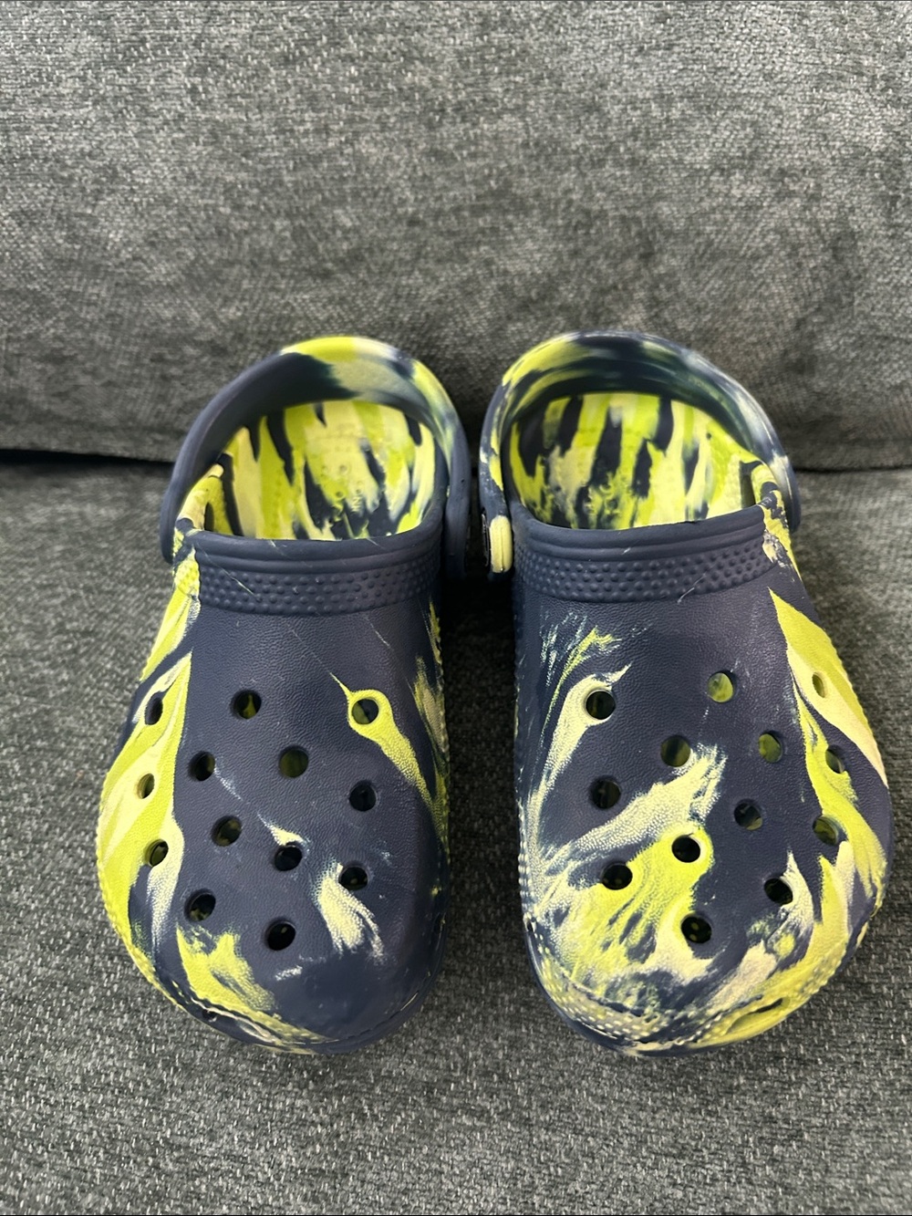 CROCS Kids Tie-Dye Style Clogs in Navy and Yellow